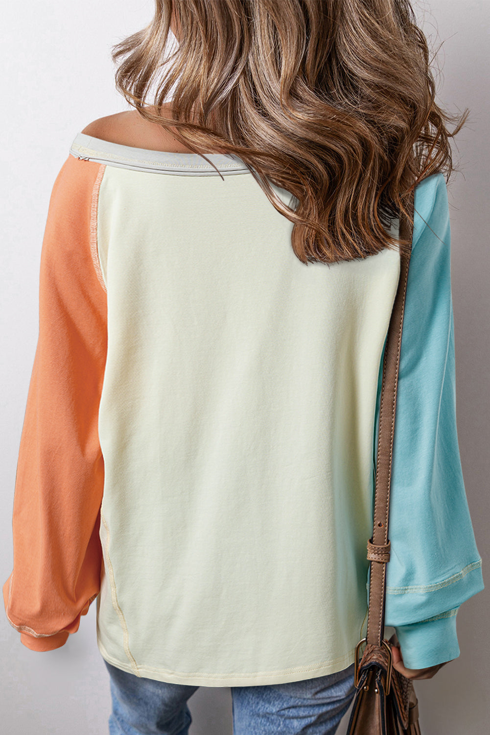 Yellow Cream Colorblock Patchwork Crew Neck Long Sleeve Top