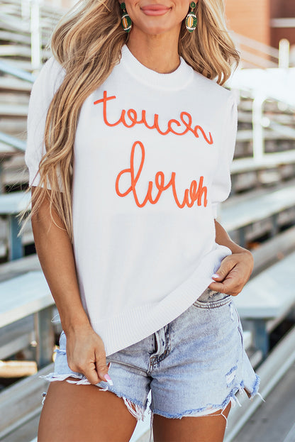 White Touchdown Tinsel Puff Short Sleeve Crew Neck Sweater