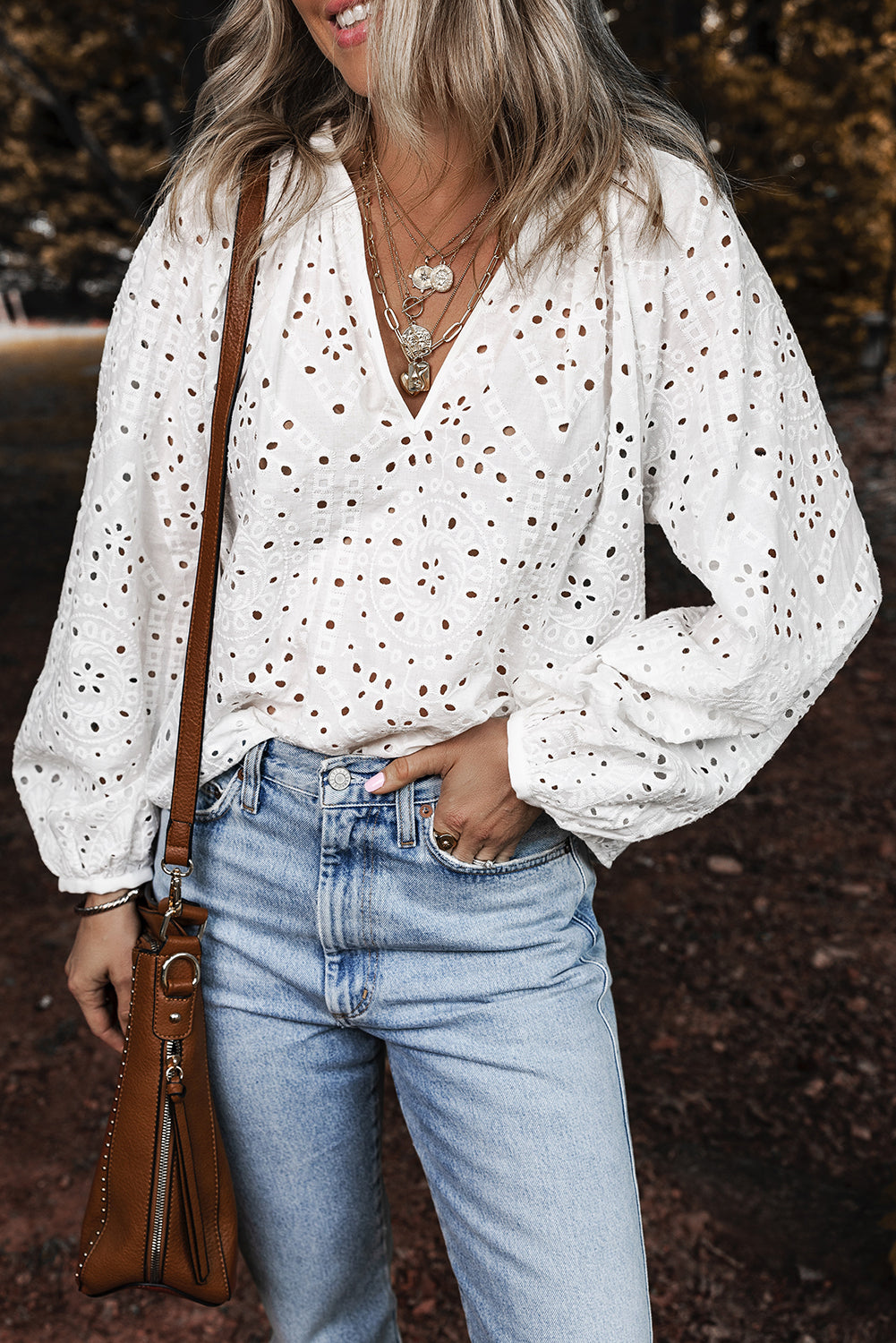 White Eyelet Embroidered Puff Sleeve V Neck Blouse