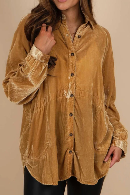 Gold Solid Color Button Up Loose Fit Velvet Shirt