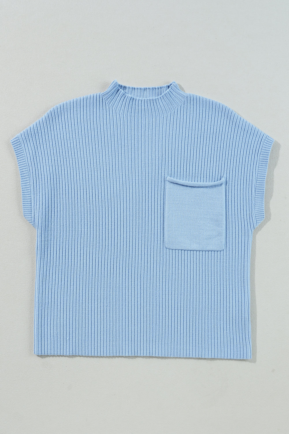 Beau Blue Patch Pocket Ribbed Knit Short Sleeve Sweater