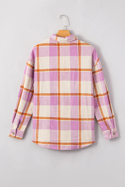 Purple Corduroy Pockets Brushed Checkered Shacket