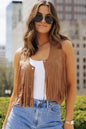 Camel Fringed Snap Button Front Suedette Vest