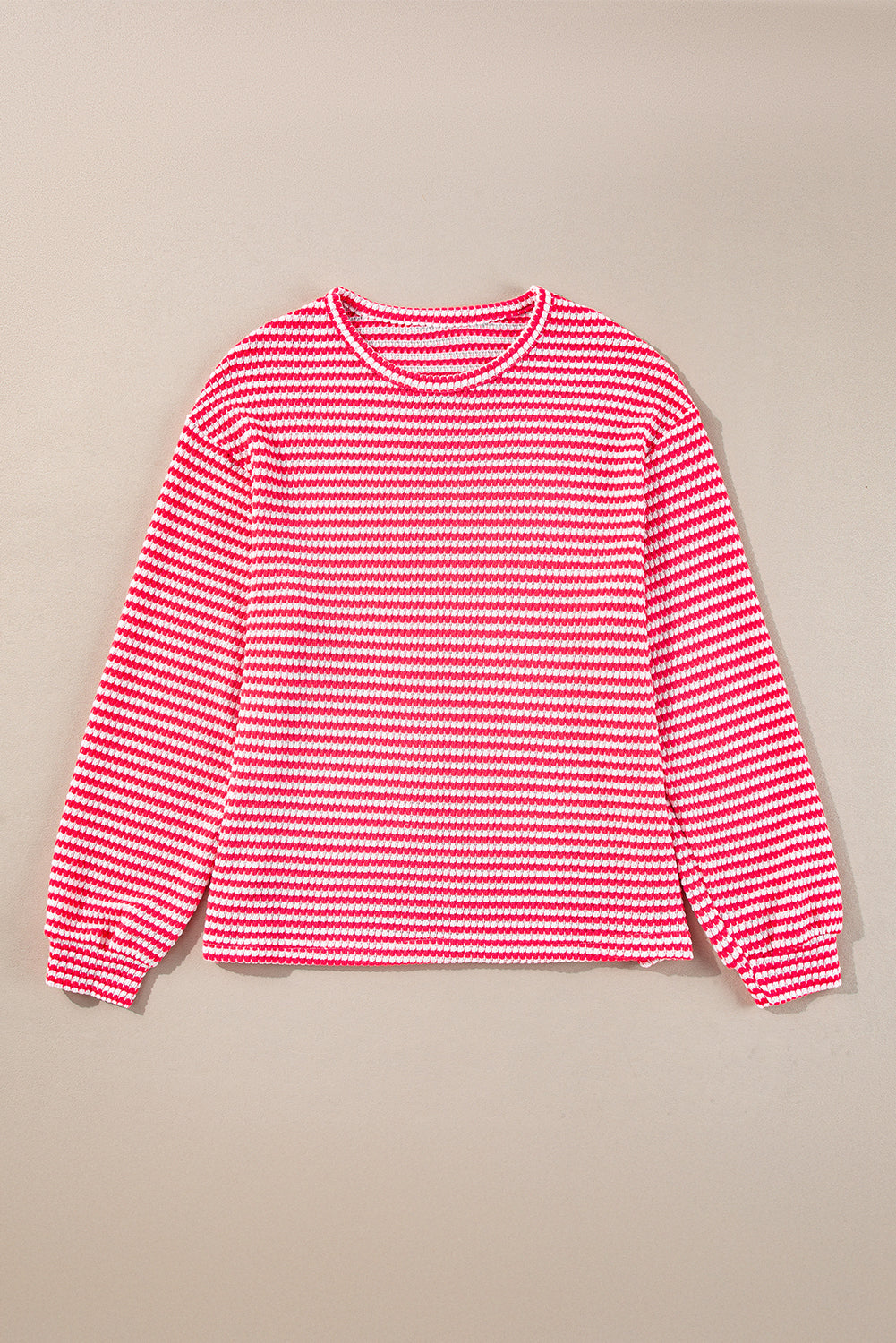 Rose Stripe Round Neck Drop Shoulder Long Sleeve Top