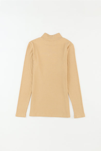 Khaki Ribbed Knit High Neck Long Sleeve Top