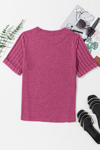 Bright Pink Ribbed Splicing Sleeve Round Neck T-shirt