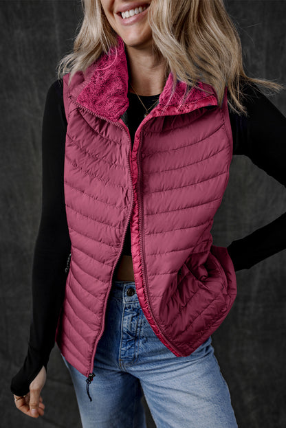 Burgundy Plush Collared Quilted Zipped Puffer Vest