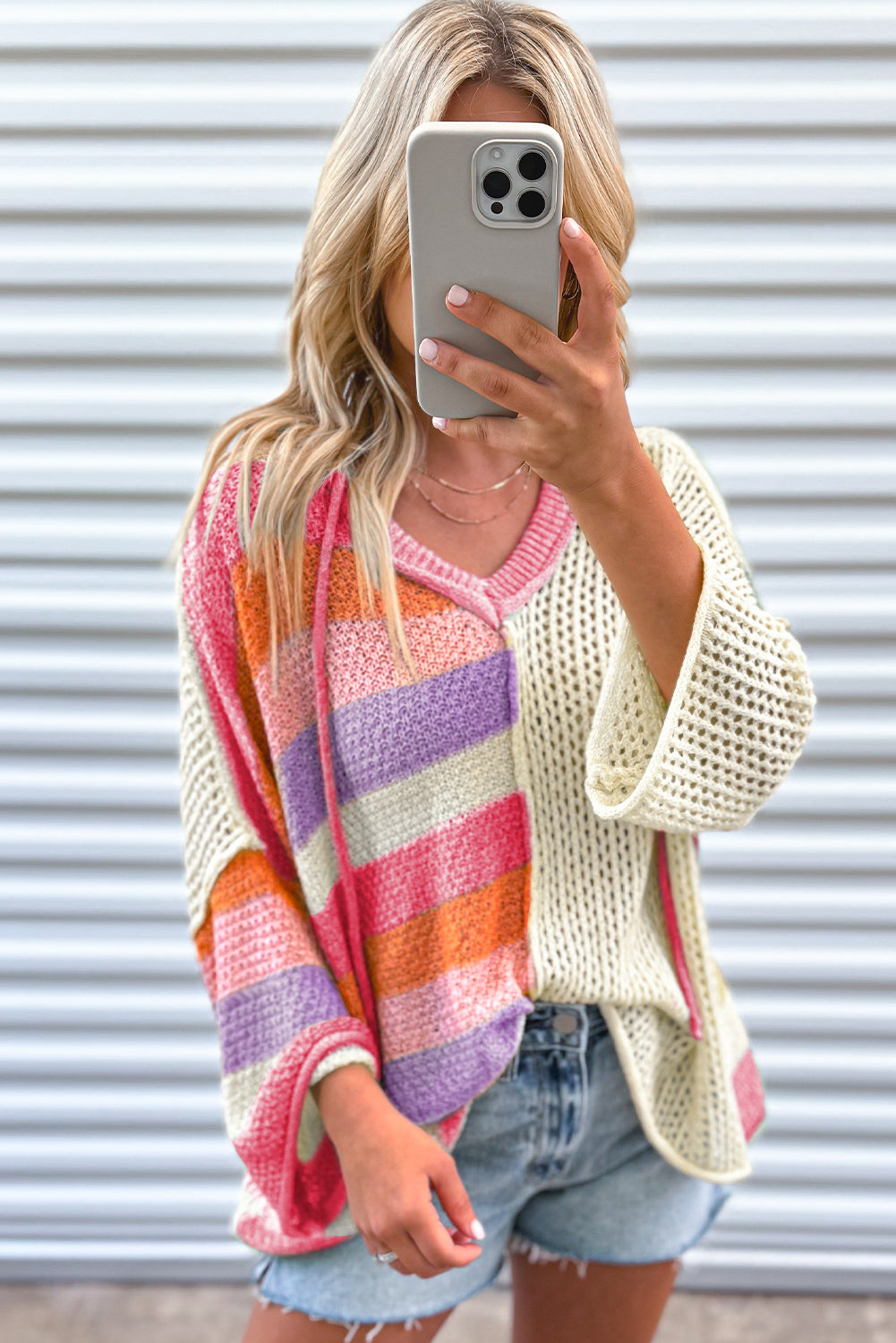 Pink Oversized Colorblock V Neck Hooded Sweater