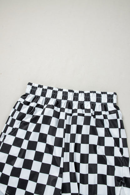 Black Checkered Print High Waist Casual Shorts