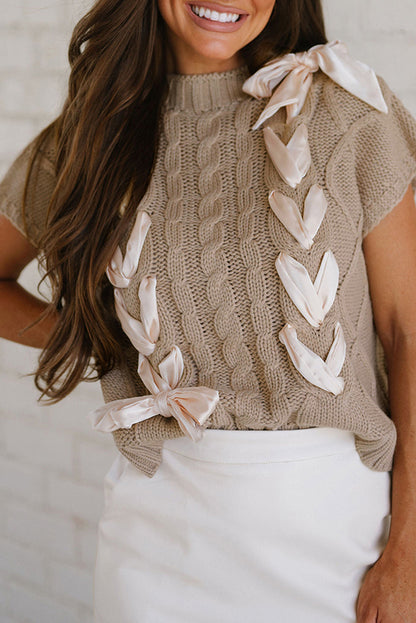 Simply Taupe Cable Knit Colorblock Satin Bowknot Short Sleeve Sweater