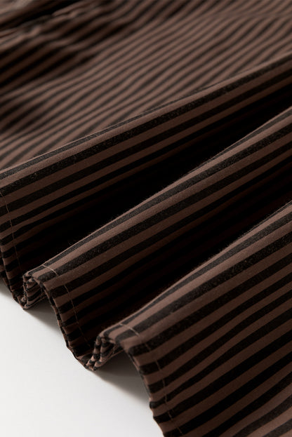 Brown Stripe V Neck Roll Up Sleeve Pocket Patched Classic Shirt