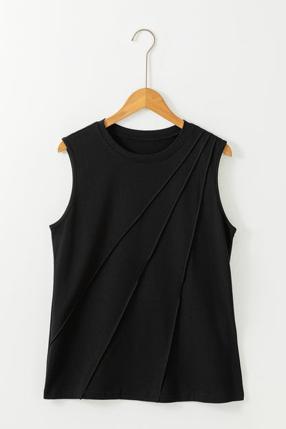 Black Crew Neck Pleated Tank Top