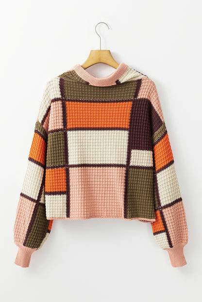 Orange Color Block Waffle Knit Drawstring Mock Neck Sweater