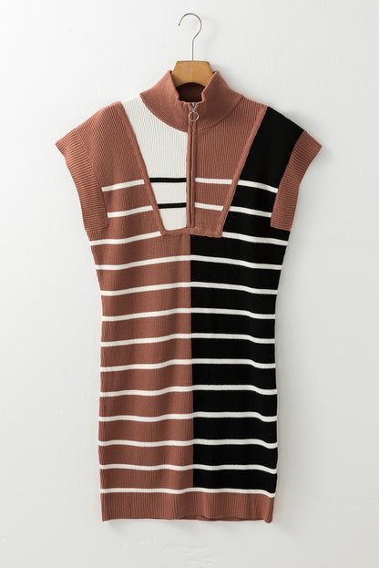 Black Stripe Color Block Quarter Zip Collar Short Sleeve Sweater Dress