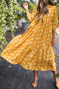 Yellow Flower Print Bracelet Sleeve Buttons Collared Maxi Dress