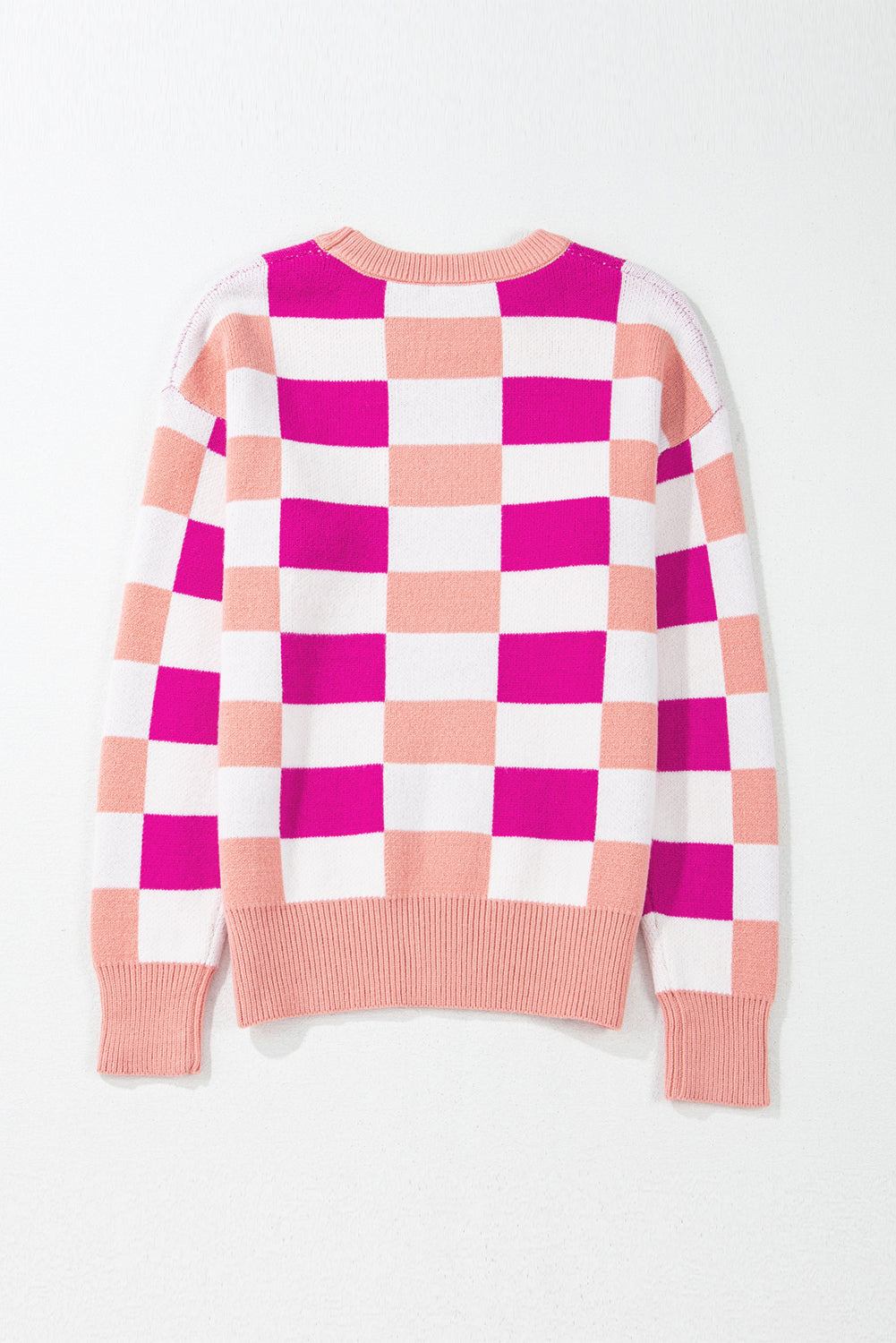 Pink Checkered Ribbed Edge O Neck Drop Shoulder Sweater