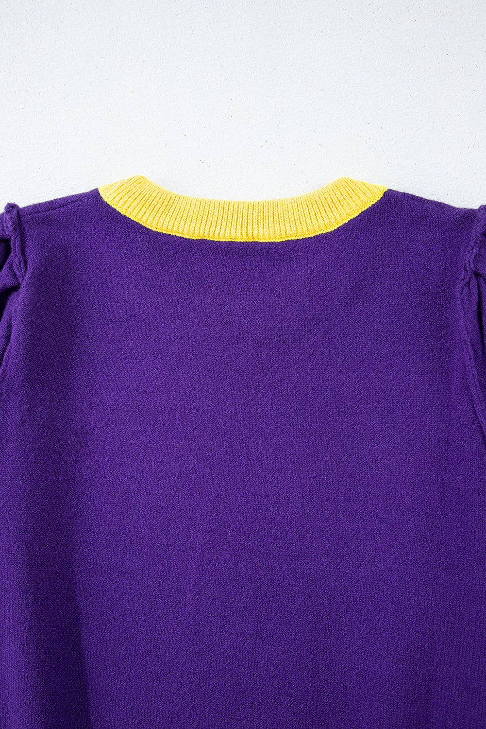 Purple Sequin Rugby Color Block Puff Short Sleeve Sweater