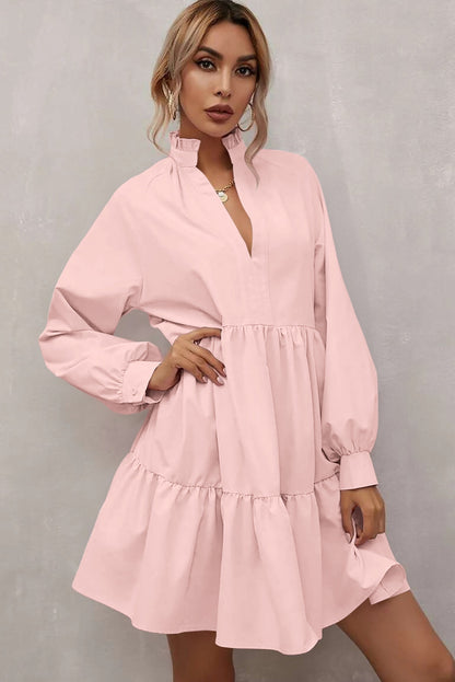 Pink Frilled Stand Collar Long Sleeve Ruffle Dress