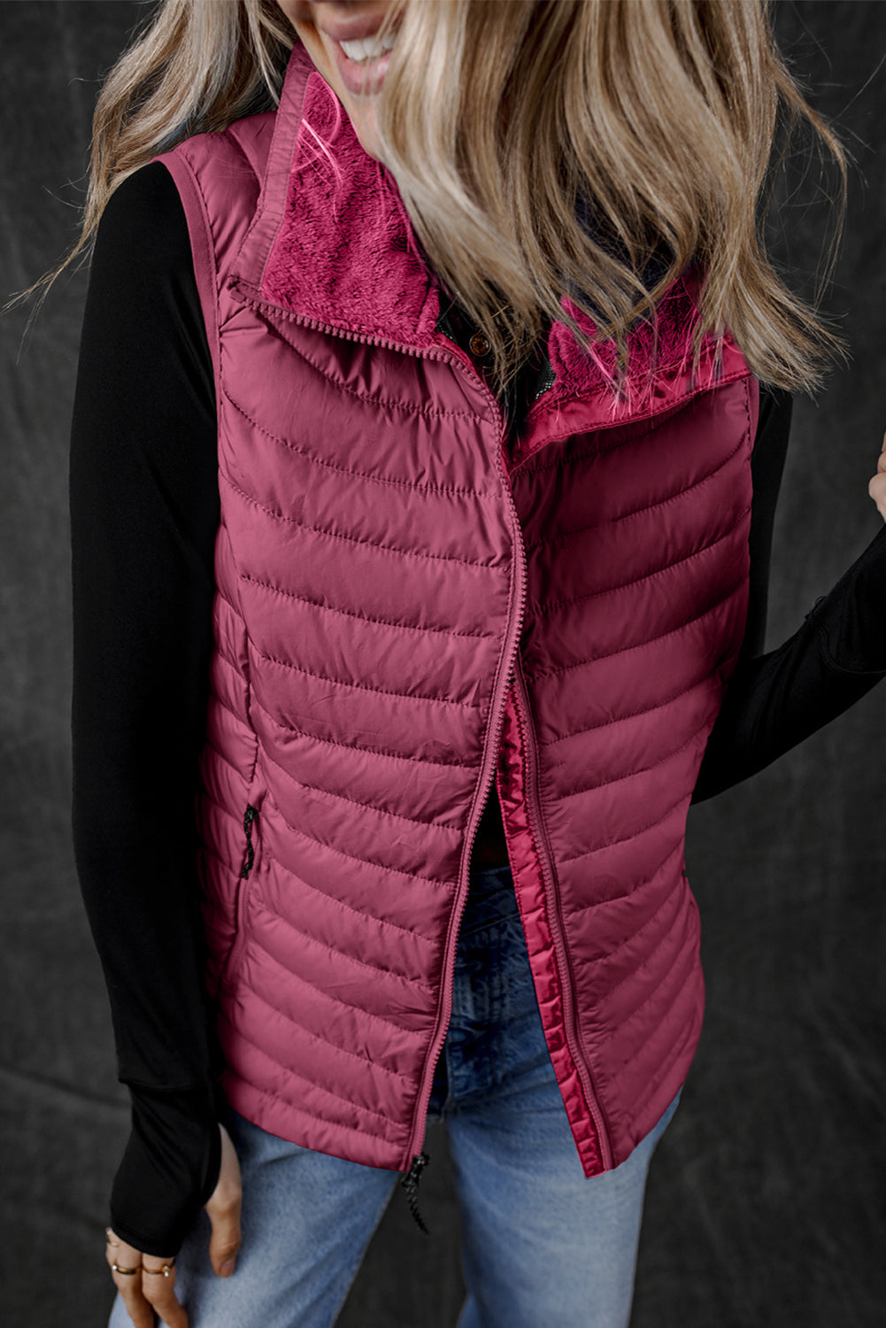 Burgundy Plush Collared Quilted Zipped Puffer Vest