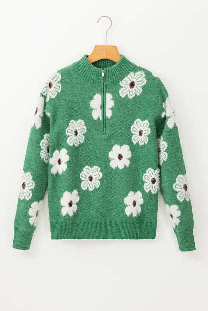 Green Floral Pattern Half Zip Drop Shoulder Sweater