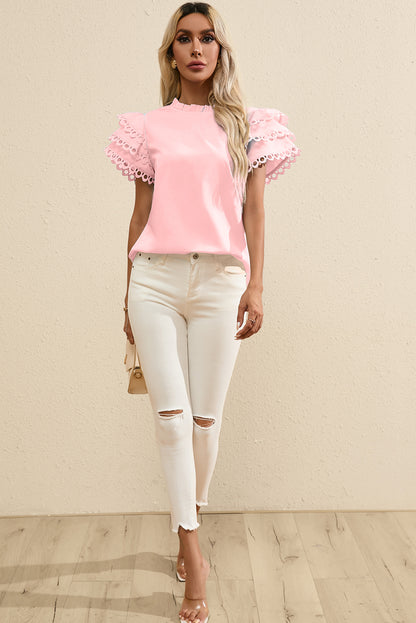 Light Pink Layered Ric Rac Cap Sleeve Frilled Neck Blouse