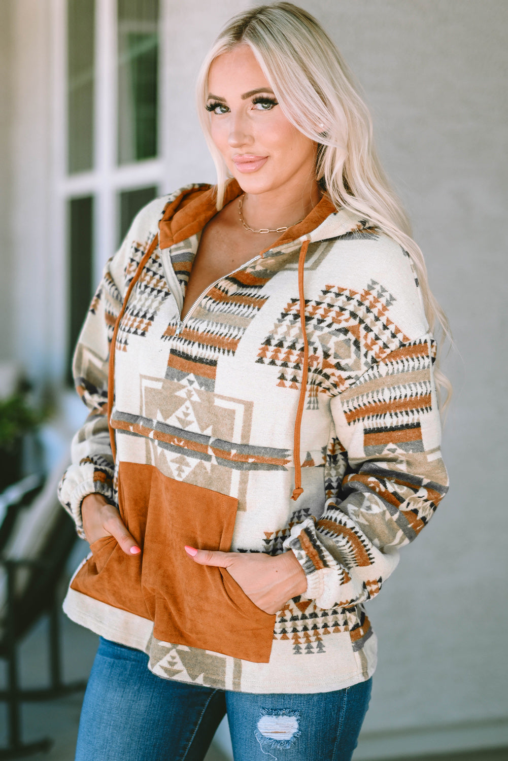 Beige Aztec Print Kangaroo Pocket Half-Zip Hoodie