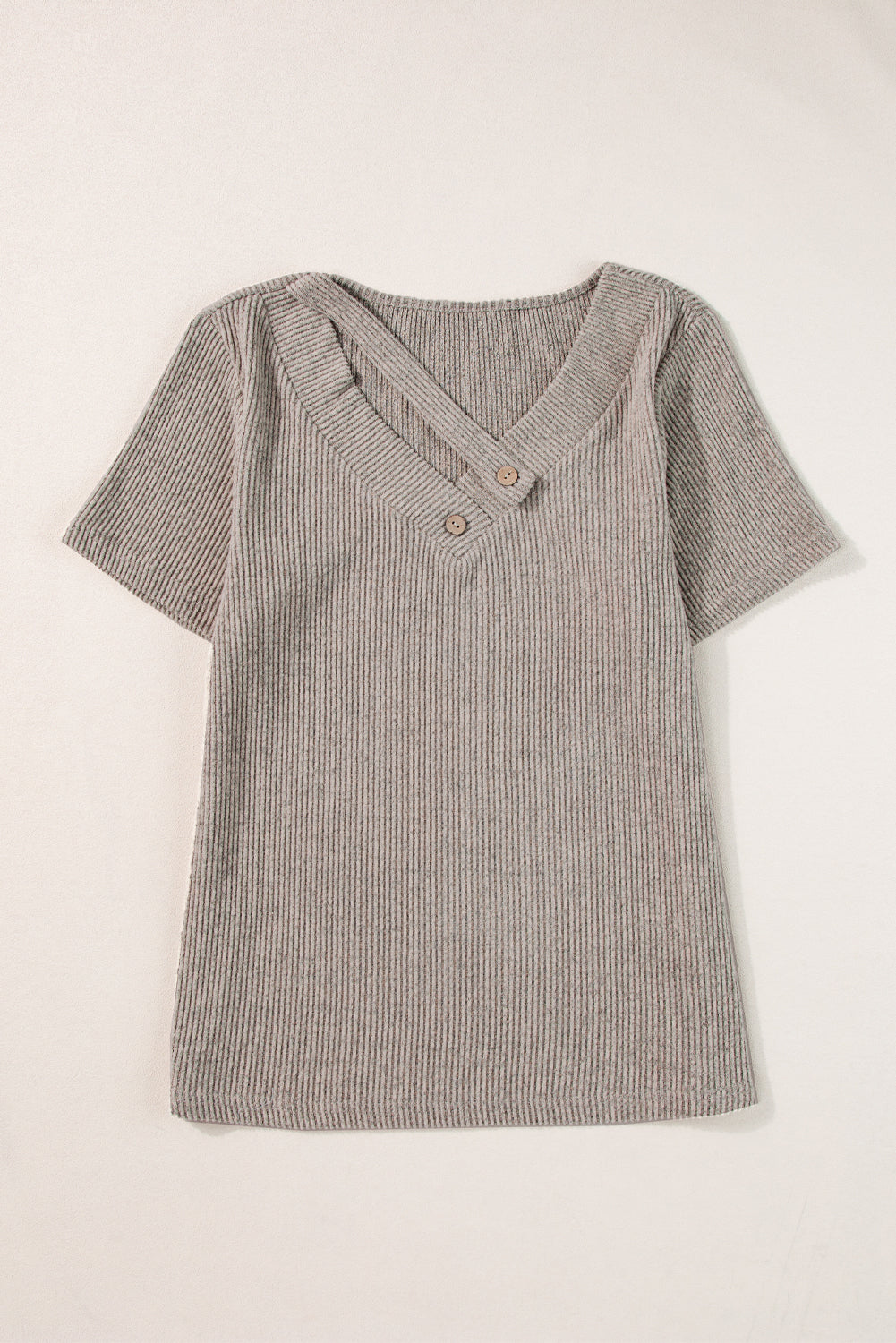 Pale Khaki Ribbed Buttoned Strappy V Neck Tee