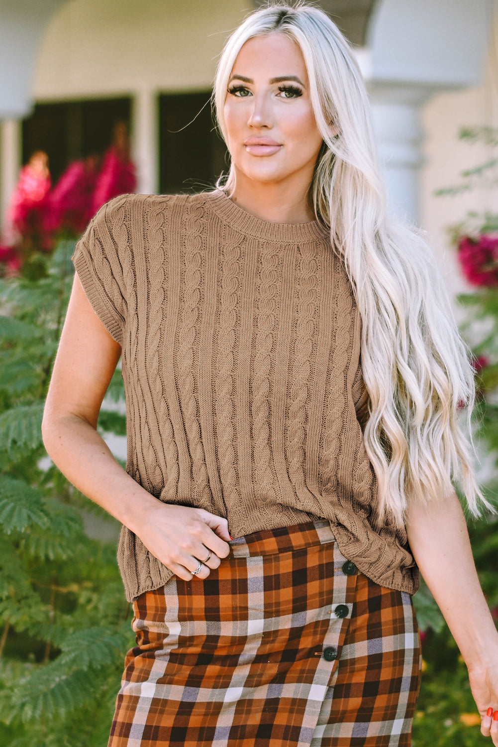 Light French Beige Crew Neck Cable Knit Short Sleeve Sweater