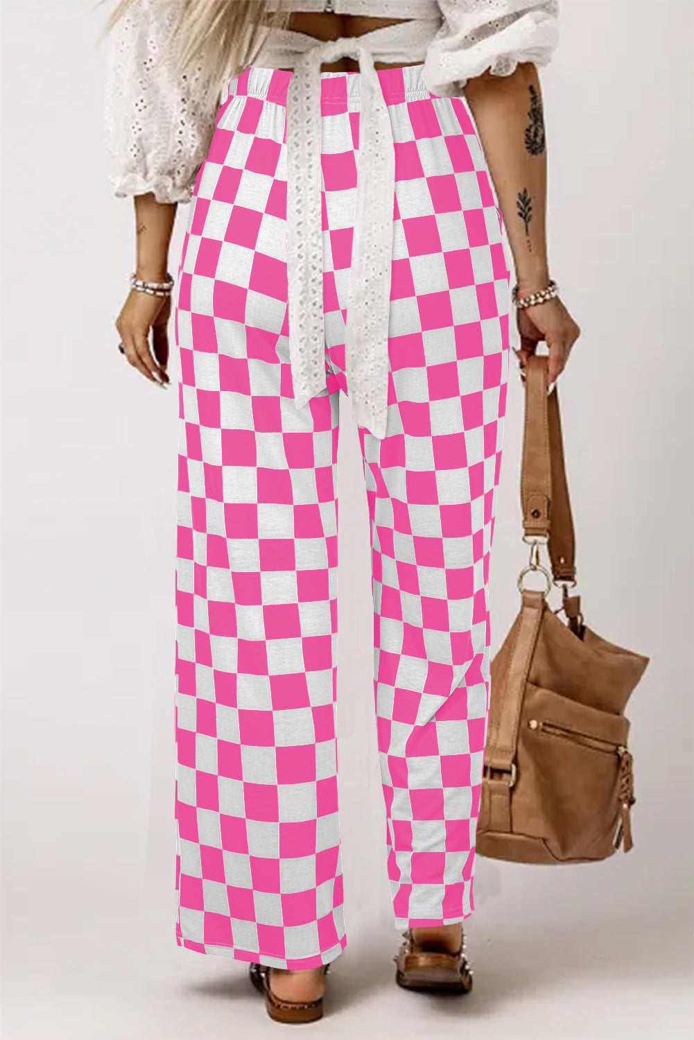 Bonbon 2-Tone Checked Print High Waist Wide Leg Pants