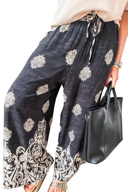 Black Bohemian Printed Drawstring Waist Wide Leg Pants