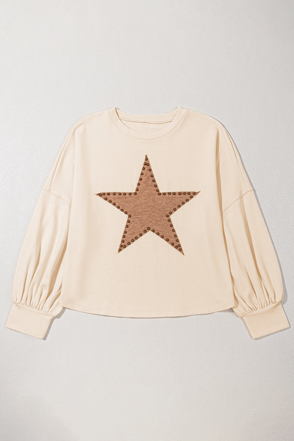 Beige Star Shape Studded Crew Neck Plus Size T Shirt