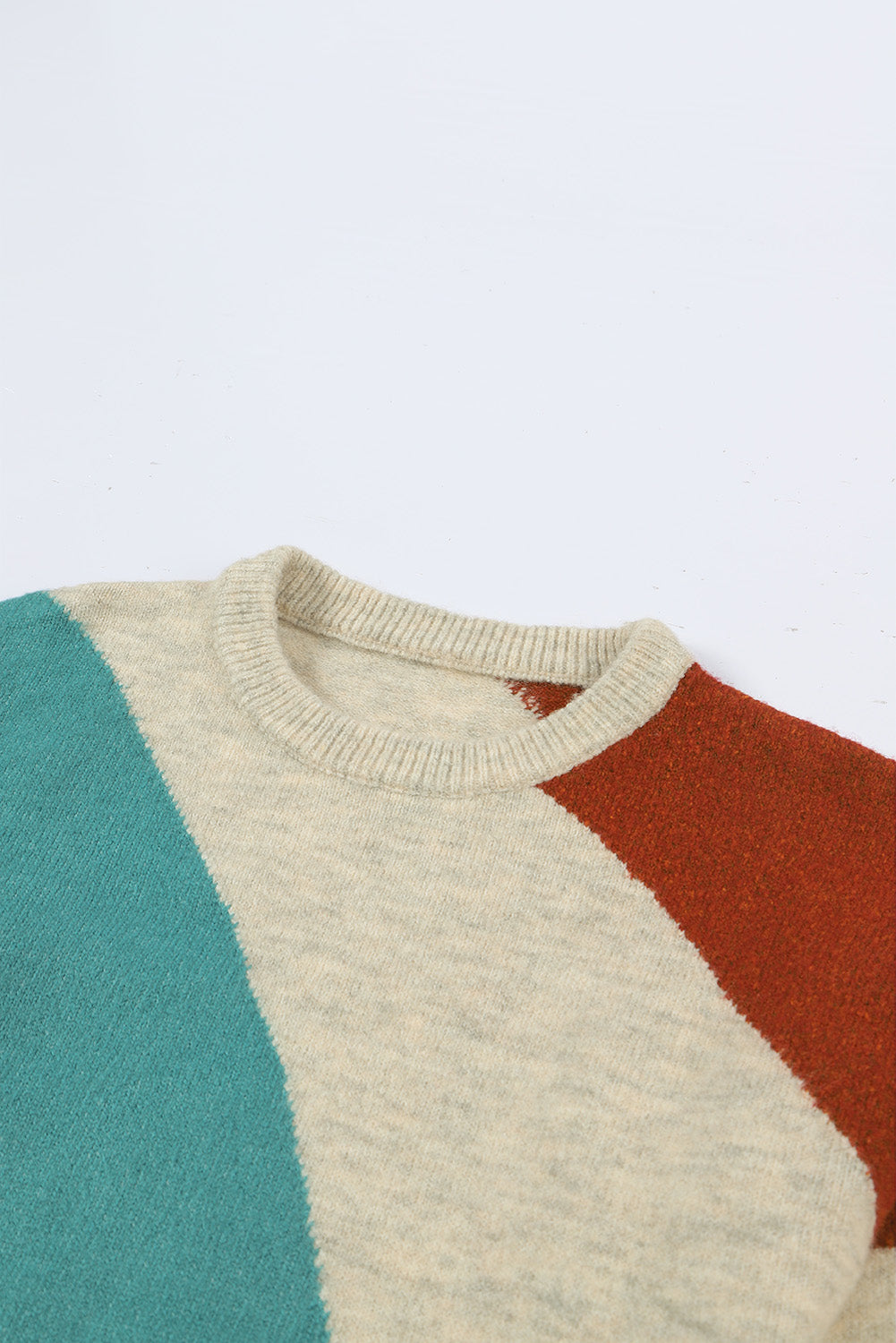 Multicolor Colorblock Ribbed Trim Round Neck Sweater