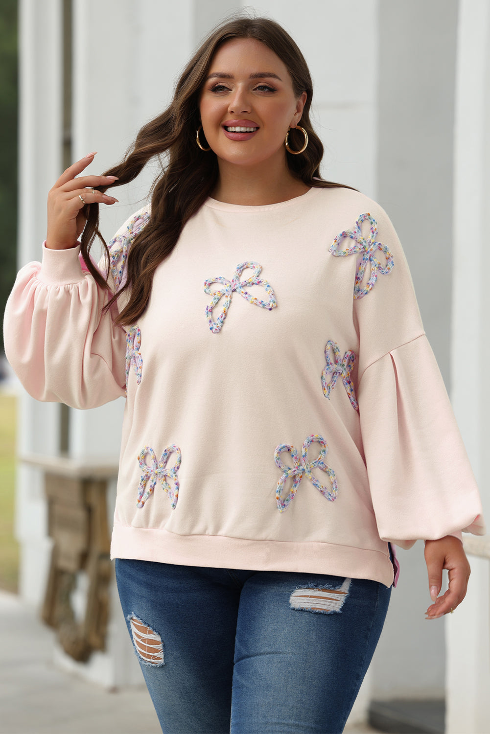 Parchment Embroidered Bow Lantern Sleeve Oversized Pullover Sweatshirt