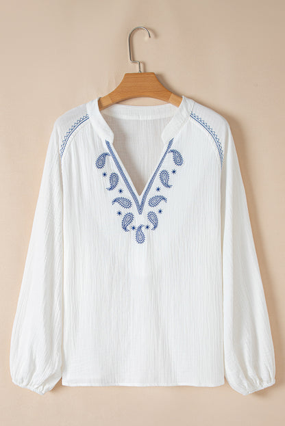 White Paisley Embroidered Textured Split Neck Long Puff Sleeve Blouse