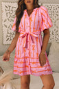 Pink Bowknot Striped Printed Bubble Sleeve Buttoned Belted Mini Dress