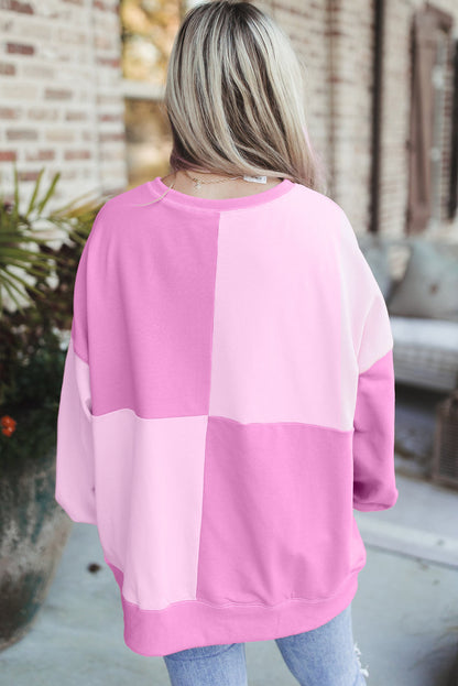 Pink Colorblock Henley High Low Oversize Sweatshirt