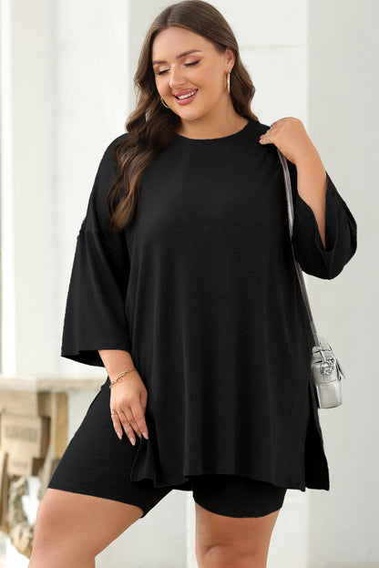 Color black Solid Color Loose Tunic Top and Slim Shorts Set