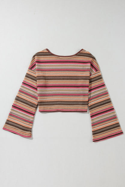 Rose Red Ethnic Striped Wide Cropped Long Sleeve Top