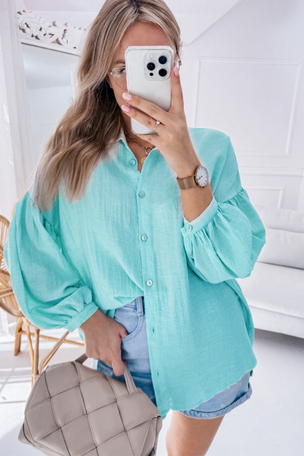 Iceland Blue Solid Puff Sleeve Loose Fit Buttoned Shirt