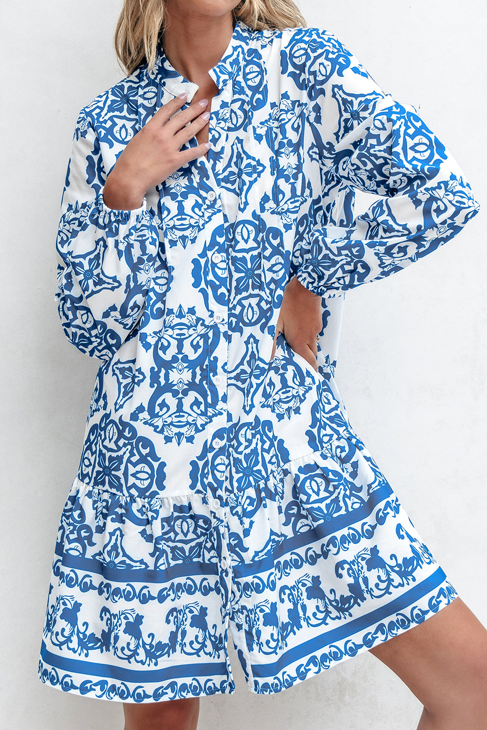 Sky Blue Tribal Print Button Up Notch Neck Loose Mini Dress