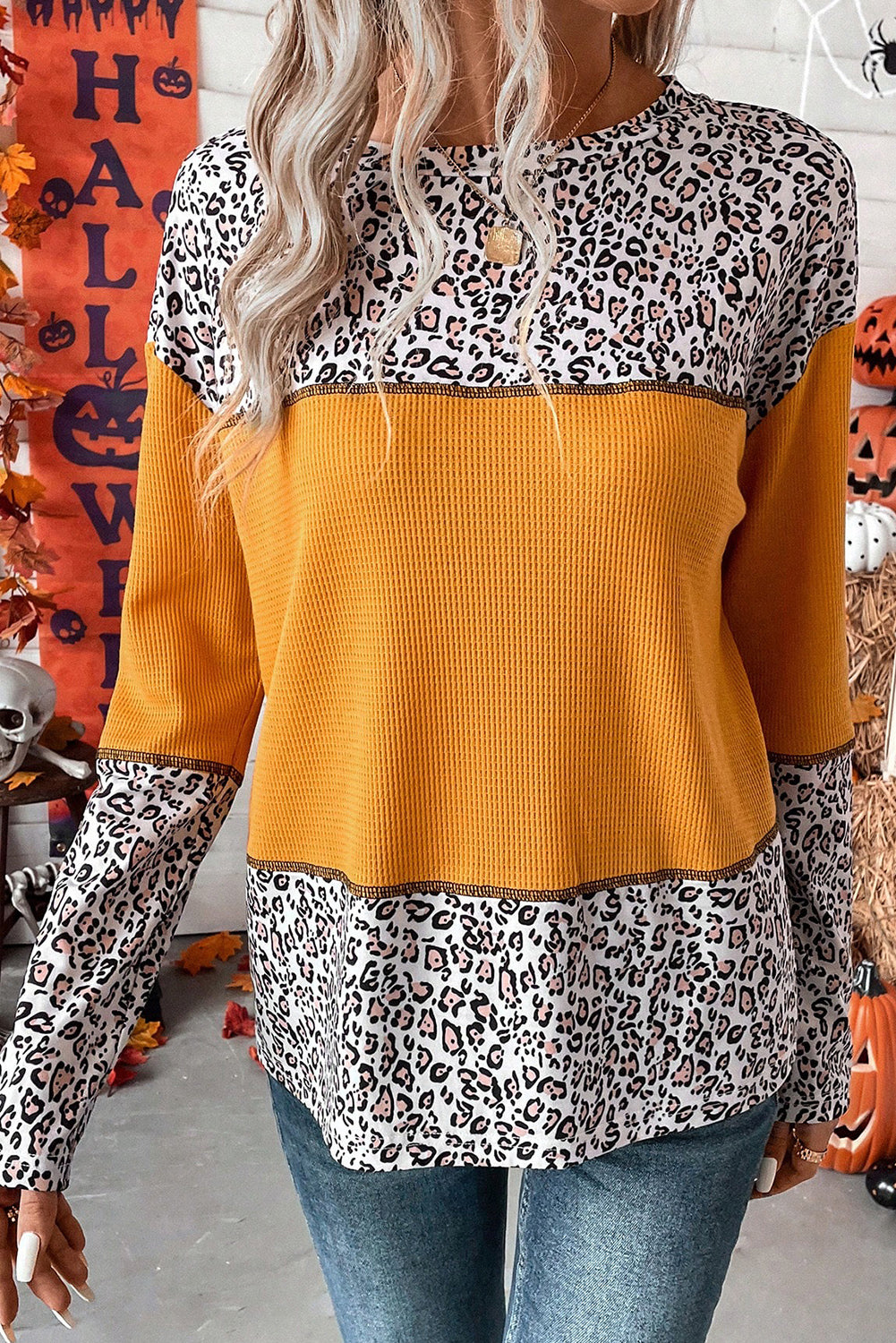 Vitality Orange Leopard Print Waffle Knit Patchwork Top