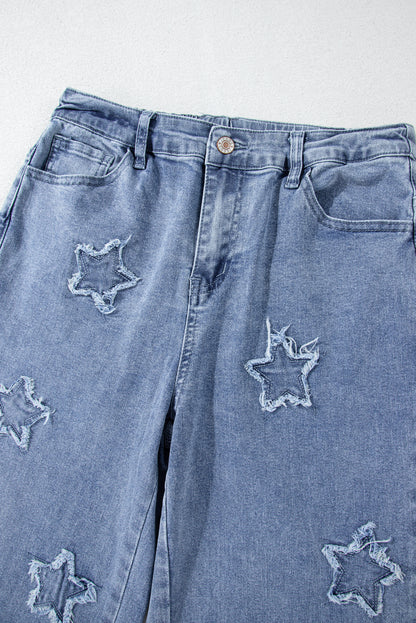 Dusk Blue Foiled Star Patchwork Straight Leg Loose Jeans