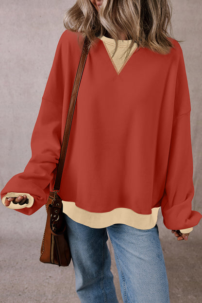 Red Clay Color Block Patch Drop Shoulder Oversized Sweatshirt