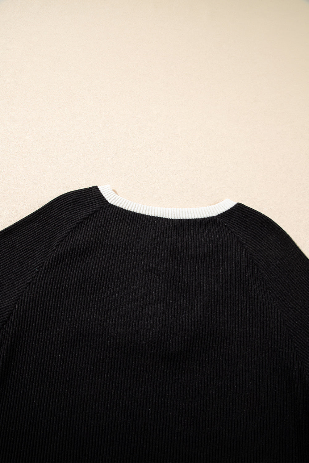 Black Color Contrast Ribbed Loose Fit Long Sleeve Top