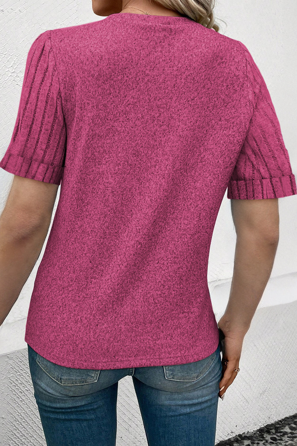 Bright Pink Ribbed Splicing Sleeve Round Neck T-shirt