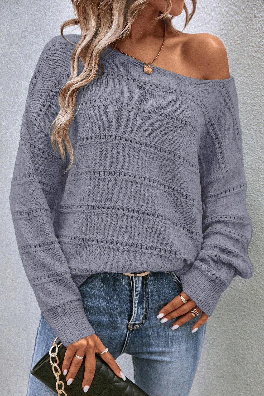 Light Grey Boat Neck Drop Shoulder Pointelle Knit Sweater