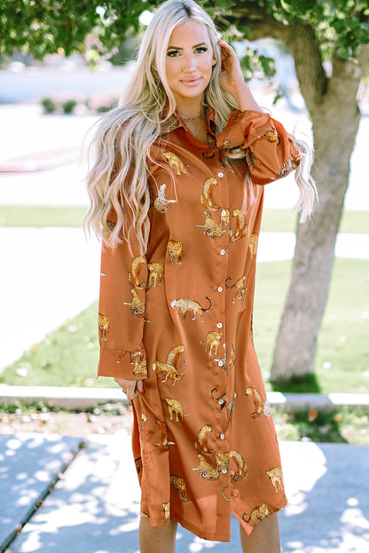 Mustard Cheetah Print Button-Up Split Shirt Dress