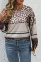 Coffee Plus Size Leopard Striped Long Sleeve Crew Neck Top