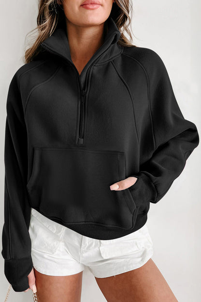 Black Quarter Zip Stand Neck Kangaroo Pocket Sweatshirt