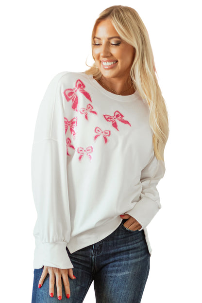 White Sequin Bowknot High Low Oversize Sweatshirt